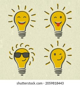 Set of shining yellow light bulb isolated on white paper background. Emoji lightbulb with funny emotion. Hand-drawn vector illustration. Creative concept of idea.
