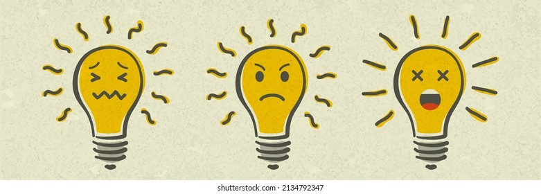 Set of shining yellow light bulb isolated on white paper background. Emoji lightbulb with funny emotion. Hand-drawn vector illustration. Creative concept of idea.