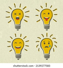 Set of shining yellow light bulb isolated on white paper background. Emoji lightbulb with funny emotion. Hand-drawn vector illustration. Creative concept of idea.