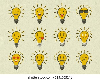 Conjunto de bombilla luminosa amarilla brillante aislada sobre fondo de papel blanco. Bombilla emmoji con emoción divertida. Ilustración vectorial dibujada a mano. Concepto creativo de idea.