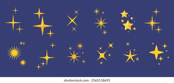 Set of shining yellow stars in cartoon style. Vector illustration of beautiful golden stars of different sizes and shapes isolated on dark blue background. Glitter. Radiance. Sparkle. Starry sky.