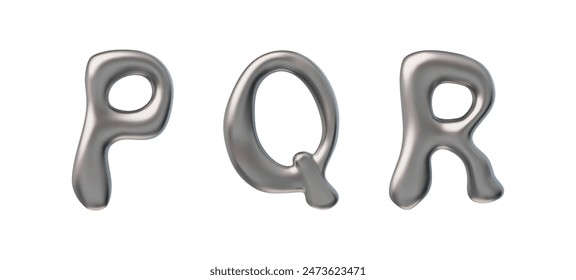 A set of shiny 3D letters P,Q,R, made in the style of liquid metal. Reflective, glossy vector alphabet with bubble text effect on a white background