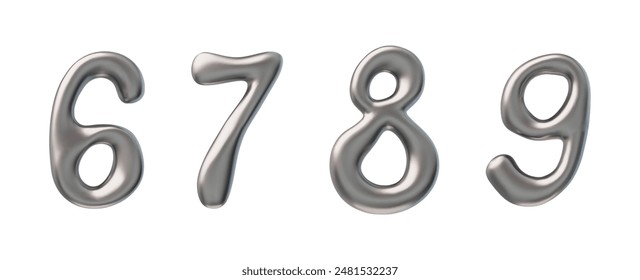 Un conjunto de brillantes números 3D 6,7,8,9, hecho en el estilo de metal líquido. Colección de Vector brillante y reflectante con efecto de texto de burbuja sobre un fondo blanco.
