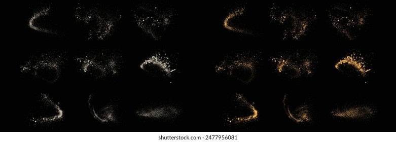 Set of shiny abstract glow shimmer dust gold glitter and white color splatter splash texture illustration