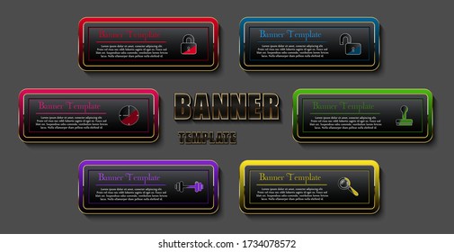 Set shiny banner golden frame with icon, metal button, steps infographic