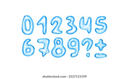 Set of shiny blue bubble style numbers and symbols on white background. Playful glossy digits ranging from 0 to 9, additional punctuation marks. Realistic 3d design. Vector illustration