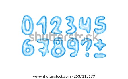 Set of shiny blue bubble style numbers and symbols on white background. Playful glossy digits ranging from 0 to 9, additional punctuation marks. Realistic 3d design. Vector illustration
