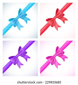 Set of shiny bow and ribbon on white background. Vector illustration for your holiday gift design. Blue, red, purple and pink colors.