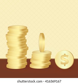Set Of Shiny Bright Golden Coins In Different Points Of View. Money or penny vector illustration design