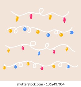 Set of shiny bright lamps and chrictmas garlands. Glowing lights for christmas holiday. set for invitation, postcard,  interior design, textile, wallpaper