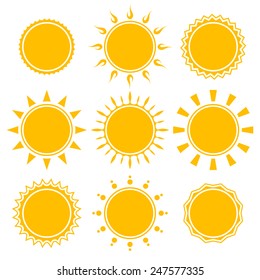 set of shiny bright yellow sun isolated on white background. vector illustration