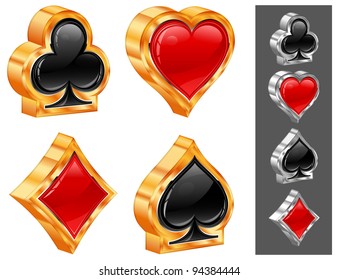 Set of shiny card suit icons in black and red, vector illustration
