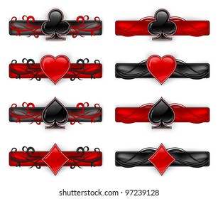 Set of shiny card suit icons in black and red, vector illustration