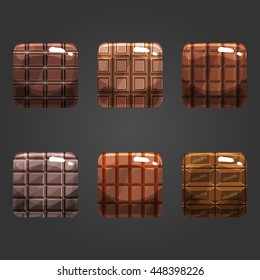Set of shiny chocolate  square button. Illustration for game design.