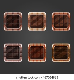 Set of shiny chocolate  square button. Illustration for game design.