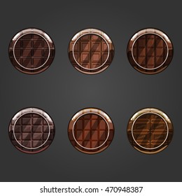 Set of shiny chocolate  square button. Illustration for game design.