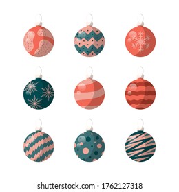 Juego de brillantes bolas navideñas. Colección de baudibles de vidrio brillante con copos de nieve aislados por vectores.