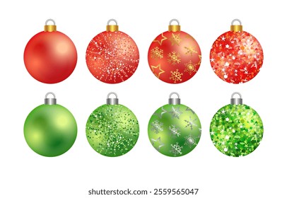 Set of shiny Christmas balls, vector clip art. Green and red colours. X mas cute 3D decorations. Xmas tree beautiful decor with golden and silver glitters and snowflakes. Holiday garland elements.