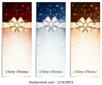 Set of shiny Christmas cards with bow, snowflakes and blurry lights, illustration.