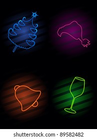 set of shiny Christmas elements  like Christmas tree, Cants Cap, Jingle bell & glass on black color background for Christmas & other occasions.