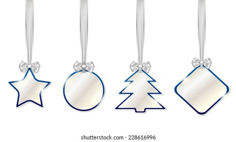 Set of shiny christmas price tags with silver bows - isolated on white background. Vector illustration.