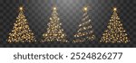 Set of shiny Christmas tree. Glittering lights in the form of a Christmas tree with bright shining and glowing particles. Golden glowing spruce in a luxurious design. Vector on png background.