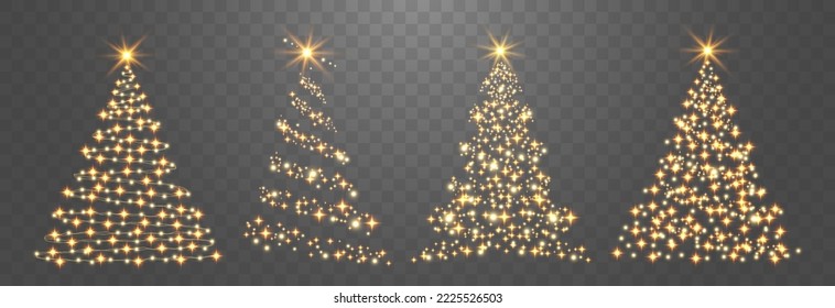 Set of shiny Christmas tree. Glittering lights in the form of a Christmas tree with bright shining and glowing particles. Golden glowing spruce in a luxurious design. Vector on png background.