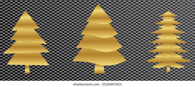 Set of shiny Christmas tree. Glittering lights in the form of a Christmas tree with bright shining and glowing particles. Golden glowing spruce in a luxurious design. Vector on png background.