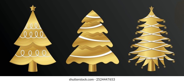 Set of shiny Christmas tree. Glittering lights in the form of a Christmas tree with bright shining and glowing particles. Golden glowing spruce in a luxurious design. Vector on png background.