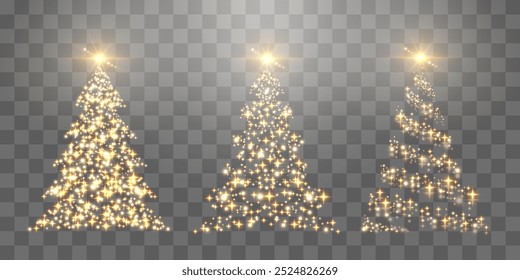 Conjunto de árbol de Navidad brillante. Luces brillantes en forma de árbol de Navidad con partículas brillantes y brillantes. Abeto dorado brillante en un diseño lujoso. Vector sobre fondo png.