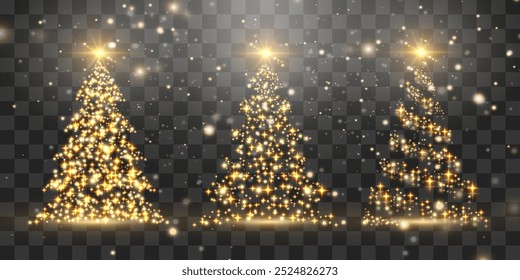 Set of shiny Christmas tree. Glittering lights in the form of a Christmas tree with bright shining and glowing particles. Golden glowing spruce in a luxurious design. Vector on png background.