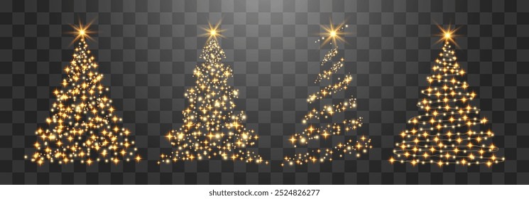 Set of shiny Christmas tree. Glittering lights in the form of a Christmas tree with bright shining and glowing particles. Golden glowing spruce in a luxurious design. Vector on png background.