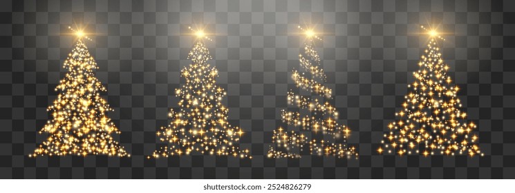 Set of shiny Christmas tree. Glittering lights in the form of a Christmas tree with bright shining and glowing particles. Golden glowing spruce in a luxurious design. Vector on png background.