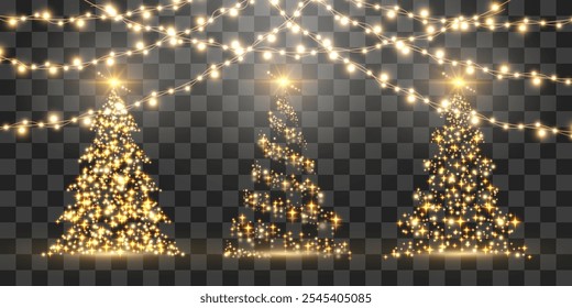 Set of shiny Christmas tree. Glittering lights in the form of a Christmas tree with bright shining and glowing particles. Golden glowing spruce in a luxurious design. Vector on png background.