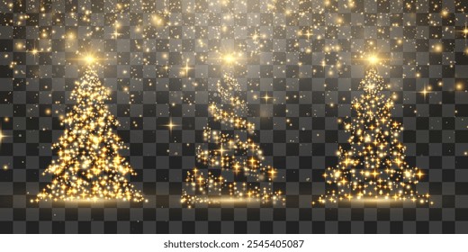 Set of shiny Christmas tree. Glittering lights in the form of a Christmas tree with bright shining and glowing particles. Golden glowing spruce in a luxurious design. Vector on png background.