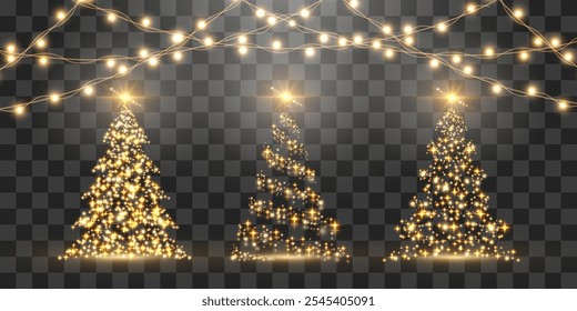 Set of shiny Christmas tree. Glittering lights in the form of a Christmas tree with bright shining and glowing particles. Golden glowing spruce in a luxurious design. Vector on png background.