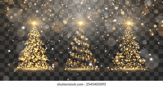 Set of shiny Christmas tree. Glittering lights in the form of a Christmas tree with bright shining and glowing particles. Golden glowing spruce in a luxurious design. Vector on png background.