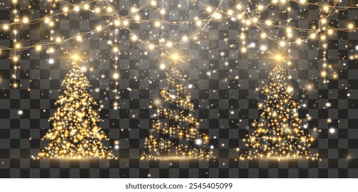 Set of shiny Christmas tree. Glittering lights in the form of a Christmas tree with bright shining and glowing particles. Golden glowing spruce in a luxurious design. Vector on png background.