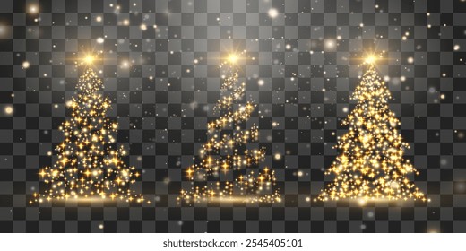 Set of shiny Christmas tree. Glittering lights in the form of a Christmas tree with bright shining and glowing particles. Golden glowing spruce in a luxurious design. Vector on png background.