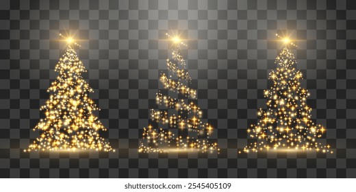 Set glänzender Weihnachtsbäume. Glitzernde Lichter in Form eines Weihnachtsbaums mit leuchtenden und leuchtenden Partikeln. Golden glühende Fichte in einem luxuriösen Design. Vektor auf png-Hintergrund.