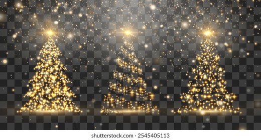 Set of shiny Christmas tree. Glittering lights in the form of a Christmas tree with bright shining and glowing particles. Golden glowing spruce in a luxurious design. Vector on png background.