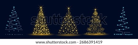 Set of shiny Christmas tree. Glittering lights in the form of a Christmas tree with bright shining and glowing particles. Golden glowing spruce in a luxurious design.