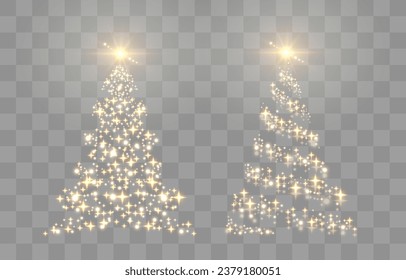 Set of shiny Christmas tree. Golden glowing spruce in a luxurious design. Glittering lights in the form of a Christmas tree with bright shining and glowing particles. Vector on png background.