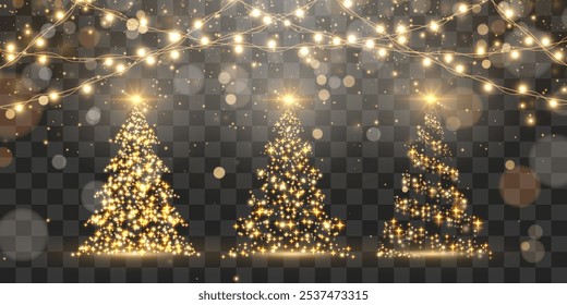 Set of shiny Christmas tree. Golden glowing spruce in a luxurious design. Glittering lights in the form of a Christmas tree with bright shining and glowing particles. Vector on png background.