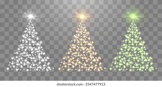 Set glänzender Weihnachtsbäume. Vektorglitzernde Lichter in Form eines Weihnachtsbaums mit leuchtenden und leuchtenden Partikeln