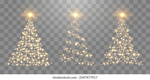 Set of shiny Christmas tree. Vector glittering lights in the form of a Christmas tree with bright shining and glowing particles