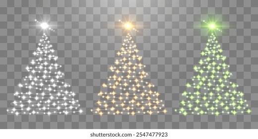 Set of shiny Christmas tree. Vector glittering lights in the form of a Christmas tree with bright shining and glowing particles