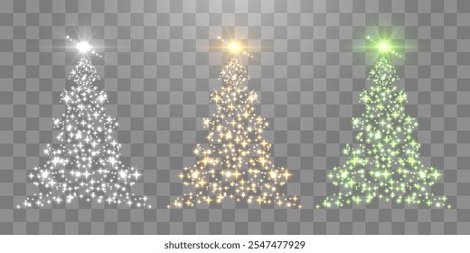 Set of shiny Christmas tree. Vector glittering lights in the form of a Christmas tree with bright shining and glowing particles