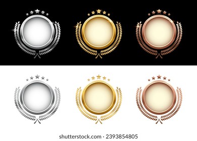 Set of shiny circle medals, laurel wreath with stars vector illustration. Chrome shining round badge prize for winner, award trophy nominee luxury symbol on black and white background.