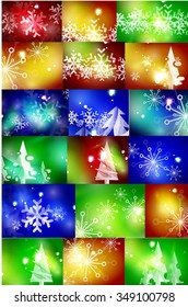 Set of shiny color Christmas backgrounds with white snowflakes and trees. Vector illustration